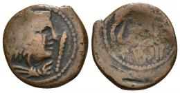 114 - HISPANIA ANTIGUA. LASCUTA. Unidad. A/ Cabeza de Melkart con leonté a der., delante clava. R/ Elefante a der., debajjo lskw't. AE 5,8 g. 21,2 mm. I-1670. ACIP-945. BC+/BC-. Escasa.