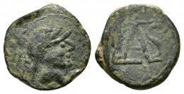 115 - HISPANIA ANTIGUA. LASTIGI. Sextante. A/ Cabeza masculina con casco a der. R/ LAS. AE 2,51 g. 15,9 mm. CNH-5. ACIP-2375. CC- 3299, mismo ejemplar. Pátina verde. MBC-. Rara.