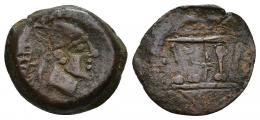 117 - HISPANIA ANTIGUA. MALAKA. Mitad. A/ Cabeza de Vulcano a der. con gorro cónico, detrás mlk' y tenazas. R/ Templo tetrástilo. AE 5 g. 18,4 mm. I-1738. ACIP -794. BC+. Rara.