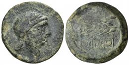 119 - HISPANIA ANTIGUA. OBULCO. Doble. A/ Cabeza femenina con moño a der. R/ Arado y espiga a izq., debajo en cartela OBVLCO retrógrada. AE 22,04 g. 30,4 mm. ACIP-2180. CC-2751, mismo ejemplar. Pátina verde. BC-. Muy rara.