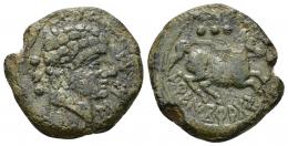 12 - HISPANIA ANTIGUA. AREKORATAS. Triente. A/ Cabeza masculina a der., delante signos ibéricos SOS, detrás tres glóbulos. R/ Caballo galopando a der., encima, tres glóbulos, debajo ley. curva AREIKoRATaS. AE 9,16 g. 24,5 mm. CNH-3. ACIP-1741. CC-2012, mismo ejemplar. Pátina verde con pequeñas erosiones. MBC-. Muy rara.