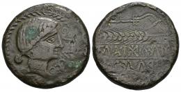 121 - HISPANIA ANTIGUA. OBULCO. As de 10 monedas en libra. A/ Cabeza femenina con moño a der., delante OBVLCO, alrededor láurea. R/ Arado y espiga a izq., debajo entre líneas SIBiBoLAI/URKaIL. AE 25,7 g. 32,5 mm. I-1779. ACIP-2185. Oxidaciones y pequeñas manchas. MBC-. Escasa.