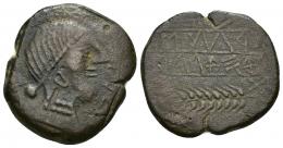 126 - HISPANIA ANTIGUA. OBULCO. As. A/ Cabeza femenina con moño a der., delante OBVLCO. R/ Arado y espiga a izq., debajo entre líneas URKaILTu/NESELTuKo, signo E circular y x sobre la espiga. AE 11,71 g. 26,5 mm. I-1791 vte. ACIP-2197. MBC-.