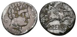 13 - HISPANIA ANTIGUA. AREKORATAS. Denario forrado. A/ Cabeza masculina con collar a der., detrás círculo con glóbulo central. R/ Jinete lancero a der., un pie visible, debajo sobre línea AREKoRATa. 3,39 g. 18,3 mm. Similar CNH-26 y ACIP-1773. CC-2059, mismo ejemplar. Erosiones. MBC/BC+.