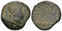 130 - HISPANIA ANTIGUA. OBULCO. As. A/ Cabeza femenina con moño a der., delante OBVLCO. R/ Arado y espiga a izq., debajo entre líneas TiKuEKi/BoTiLKoS, X sobre la espiga. AE 13,58 g. 29,2 mm. I-no. ACIP-2204. Pátina oscura. BC+. Rarísima.