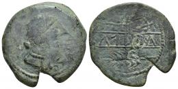 132 - HISPANIA ANTIGUA. OBULCO. A/ Cabeza femenina con moño a der., delante OBVLCO. R/ Arado y espiga, en medio entre líneas IBoLKa. Contramarca Po en rev. AE 11,60 g. 29,8 mm. CNH-38. ACIP-2216. CC-2839 corr. Falta un fragmento. BC-/BC+.