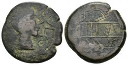 133 - HISPANIA ANTIGUA. OBULCO. As. A/ Cabeza femenina a der., delante (OB)VLCO. R/ Arado y espiga a izq., en medio IBoLKa, X a der. de la espiga. AE 16,62 g. 27 mm. I-1805 vte. ACIP-2217. Vanos. MBC-. Rarísima. No más de tres ejemplares conocidos.