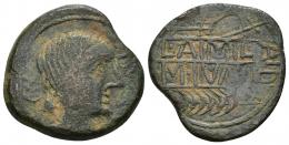 135 - HISPANIA ANTIGUA. OBULCO. As. A/ Cabeza femenina con moño a der., delante OBVLCO, detrás creciente y estrella. R/ Arado y espiga, en medio entre líneas L AIMIL/M IVNI/AID. AE 12,72 g. 28,5 mm. I-1817. ACIP-2228. BC+/MBC. Muy rara.