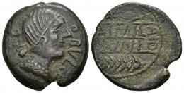 136 - HISPANIA ANTIGUA. OBULCO. A/ Cabeza femenina con moño en anv., delante OBVLCO, detrás CX. R/ Arado y pla, en medio entre líneas L. AIMIL/ M. IVNI/ AID. AE 15,26 g. 28,6 mm. CNH-53. ACIP-2231. CC-2865, mismo ejemplar. Cospel abierto. Rev. ligeramente descentrado. Pátina marrón. MBC-. Rarísima.