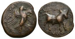 138 - HISPANIA ANTIGUA. OBULCO. Semis. A/ Águila a der., detrás BODILCOS. R/ Toro a der., encima VIINIIT, debajo OBVLCO. AE 7,4 g. 21,2 mm. I-1846. ACIP-2244. MBC. Rara.
