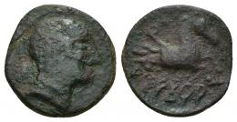 14 - HISPANIA ANTIGUA. AREKORATAS. Cuarto. A/ Cabeza masculina a der. R/ Medio Pegaso a der., debajo ley. ibérica AREIKoRATa. AE 2,93 g. 17 mm. CNH-no publica. ACIP-No. CC-2022, mismo ejemplar. BC/BC+. Rarísima.