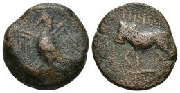 140 - HISPANIA ANTIGUA. OBULCO. Semis. A/ Águila a izq. R/ Toro avanzando a izq., encima MNSM, debajo (SISIREM). AE 9,54 g. 21,6 mm. I-1844 vte. ACIP-2245. BC+. Muy rara.