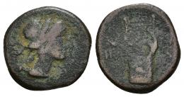 141 - HISPANIA ANTIGUA. OBULCO. Semis. A/ Cabeza femenina con ínfulas a der. R/ Lira, a izq. creciente y III, a der. OBV(LCO). AE 2,83 g. 17,6 mm. I-1852. ACIP-2251. BC. Rarísima.