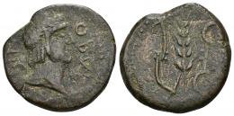 144   -  HISPANIA ANTIGUA. OBULCO. As. A/ Cabeza de Apolo a der.; alrededor OBVL-NIG. R/ Arado a izq., yugo y en medio espiga a der. AE 13,25 g. 29 mm. I-1826. ACIP-2253. MBC-/MBC. Muy escasa.
