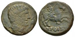 23 - HISPANIA ANTIGUA. KONTERBIA BELAISKA. Unidad. A/ Cabeza masculina a der., delante delfín, detrás BeL. R/ Jinete lancero a der., debajo KoNTeBaKoM, sin línea. AE 7,59 g. 23,5 mm. CNH-2 vte. ACIP-1585 vte. CC-2273, mismo ejemplar. Pátina verde rugosa. BC+/MBC-. Muy rara.