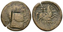 26 - HISPANIA ANTIGUA. BILBILIS. As. A/ Cabeza masculina a der. entre signo ibérico Bi y delfín. R/ Jinete lancero a der., debajo BiLBiLIS. AE 10,94 g. 28,3 mm. CNH-11. ACIP-1573. CC-2177, mismo ejemplar. Contramarca en anv. dos incisiones en ángulo recto. Grieta. BC+. Muy escasa.