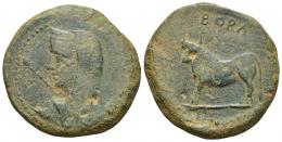 27 - HISPANIA ANTIGUA. BORA. As. A/ Cabeza femenina velada y diademada a izq., por detrás cetro. R/ Toro sobre línea a izq.; encima BORA. AE 21,18 g. 34,8 mm. CNH-1. ACIP-2309. CC-3626, mismo ejemplar. Pátina verde. MBC- para esta serie. Escasa.