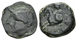 30 - HISPANIA ANTIGUA. CARISA. Semis. A/ Cabeza con casco a izq. R/ Jinete con escudo a izq., debajo CARISA. AE 4,37 g. 18,3 mm. CNH-4. ACIP-2516. CC-3342, mismo ejemplar. Pátina verde. MBC-. Muy escasa.