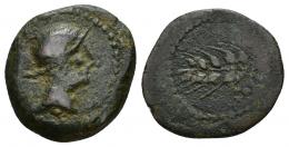33 - HISPANIA ANTIGUA. CARMO. Sextans. A/ Cabeza con casco a der. R/ Espiga, a izq. tres glóbulos. AE 3,79 g. 19,3 mm. I-472. ACIP-2385. Pátina oscura. MBC-/BC+. Muy rara.