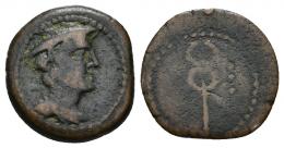 34 - HISPANIA ANTIGUA. CARMO. Sextante. A/ Cabeza de Mercurio a der. R/ Caduceo; a der. 3 puntos. AE 2,91 g. 17,3 mm. CNH-12. ACIP-2392. CC-3455, mismo ejemplar. MBC-/BC-. Rara. Ex colección Villoldo.