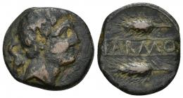 36 - HISPANIA ANTIGUA. CARMO. As. A/ Cabeza masculina a der. R/ Dos espigas a izq., en medio entre líneas KARMO. AE 10,26 g. 22,9 mm. I-463. ACIP-2402. Rayitas. Pátina oscura. MBC-. Rarísima.