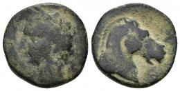 37 - HISPANIA ANTIGUA. EMISIONES HISPANO-CARTAGINESAS. Unidad. A/ Cabeza femenina con tocado de espigas a izq. R/ Cabeza de caballo a der., debajo beth. AE 7,26 g. 20,7 mm. ACIP-579. CC-180, mismo ejemplar. BC/MBC-.