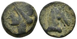 40 - HISPANIA ANTIGUA. EMISIONES HISPANO-CARTAGINESAS. Unidad. A/ Cabeza femenina con tocado de espigas a izq. R/ Cabeza de caballo a der., delante aleph. AE 7,11 g. 19,5 mm. ACIP-585. CC-199, mismo ejemplar. BC+.