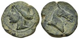 41 - HISPANIA ANTIGUA. EMISIONES HISPANO-CARTAGINESAS. Unidad. A/ Cabeza femenina con tocado de espigas a izq. R/ Cabeza de caballo a der., delante aleph. AE 9,81 g. 22,8 mm. ACIP-585. CC-201, mismo ejemplar. Pátina verde. MBC.