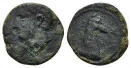 46 - HISPANIA ANTIGUA. EMISIONES HISPANO-CARTAGINESAS. Quinto. A/ Cabeza masculina a izq. R/ Cabeza de caballo a der. AE 2,09 g. 15,9 mm. ACIP-610. CC-258, mismo ejemplar. Marcas. Pátina verde oscuro. BC+.