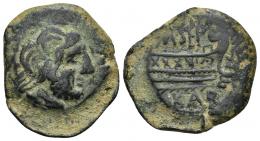 47 - HISPANIA ANTIGUA. CARTEIA. Semis. A/ Cabeza de Saturno a der. R/ Proa a der., delante S, encima M SEP, debajo KAR. AE 9,39 g. 27,5 mm. CNH-25. ACIP-2569. CC-3525, mismo ejemplar. Pátina verde. MBC-/MBC. Rara.