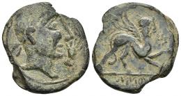 57 - HISPANIA ANTIGUA. CASTULO. As. A/ Cabeza masculina diademada y con ínfulas a der., delante mano. R/ Esfinge a der., delante estrella, en exergo KaSTiLO. AE 14,14 g. 29,7 mm. CNH-40. ACIP-2144. CC-2628, mismo ejemplar. Cospel irregular. Pátina verde. MBC. Rarísima.
