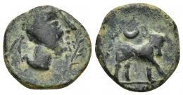 58 - HISPANIA ANTIGUA. CASTULO. Similar al anterior, pero en rev. signo ibérico Ka. AE 5,26 g. 19,9 mm. CNH-45 vte. ACIP-2149 vte. CC-2642, mismo ejemplar. Pátina verde. MBC-. Muy rara.