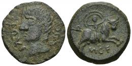 63 - HISPANIA ANTIGUA. INCIERTAS DE CASTULO. As. A/ Cabeza masculina a izq.; Q ISC F L QVL F. R/ Rapto de Europa a der., debajo M C F. AE 14,81 g. 29,2 mm- I-747. ACIP-2174. Pequeñas erosiones. Pátina verde. BC+/MBC.