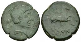 64 - HISPANIA ANTIGUA. KELIN. As. A/ Cabeza masculina con collar a der., detrás delfín, delante palma. R/ Jinete lancero a der., en exergo KeLIN. AE 8,20 g. 25 mm. I-767. ACIP-2100. Cospel abierto. Pátina verde. MBC-/BC+.