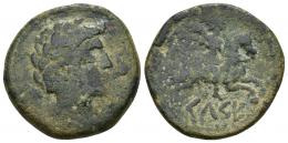 65 - HISPANIA ANTIGUA. KELSE. Unidad. A/ Cabeza masculina laureada a der. rodeada por tres delfines. R/ Jinete con palma a der., debajo sobre línea KeLSE. AE 12,31 g. 27,5 mm. CNH-8. ACIP-1479. CC-1641, mismo ejemplar. Pátina verde. BC/RC. Rara.