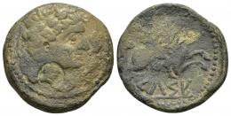 66 - HISPANIA ANTIGUA. KELSE. A/ Cabeza masculina laureada y con manto a der. Contramarca cabeza dentro de punzón circular. R/ Jinete con palma a der., debajo sobre línea KeLSE. AE 11,31 g. 26,9 mm. ACIP 1479 vte. CC-1642, mismo ejemplar. Pátina verde y gris. BC+/BC-. Muy rara.