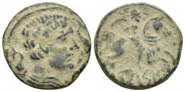 67 - HISPANIA ANTIGUA. KELSE. Unidad. A/ Cabeza masculina con manto a der., alrededor 3 delfines. R/ Jinete con palma a der. debajo KeLSE. AR 9,55 g. 25,7 mm. ACIP-1489. CC-1675, mismo ejemplar. CC-1675, mismo ejemplar. Pátina verde terrosa. MBC-.
