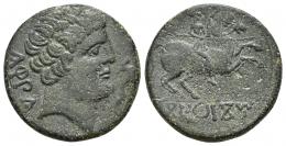 69 - HISPANIA ANTIGUA. KONTERBIA KARBIKA. Unidad. A/ Cabeza masculina a der., delante delfín, detrás KaRBiKa. R/ Jinete lancero a der., debajo KoNTeBaKoM. AE 9,75 g. 24,4 mm. Pátina verde. MBC-.