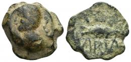 73 - HISPANIA ANTIGUA. CUNBARIA. Semis. A/Cabeza masculina a izq., detrás signo serpentiforme. R/ Atún a der.; encima (CVNB), debajo ARIA. AE 10,38 g. 21,7 mm. CNH-8. ACIP-2622. CC-3210, mismo ejemplar. Pátina verde. BC+. Rarísima.