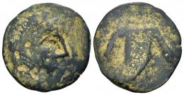 75 - HISPANIA ANTIGUA. DIPO. A/ Cabeza masculina a der. R/ Cornucopia, sin ley. visible. AE 9,60 g. 28,9 mm. CNH-2. ACIP-2496. CC-3130, mismo ejemplar. Pátina oscura. BC-. Rarísima.