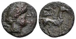 78 - HISPANIA ANTIGUA. EMPORION. IMITACIONES GALAS. Dracma forrada. A/ Cabeza femenina a der., delante dos delfines. R/Caballo parado a der., encima Victoria. 4,25 g. 16,8 mm. Villaronga 2000 nº 764. CC-2425, mismo ejemplar. Erosiones. BC+. Rara.