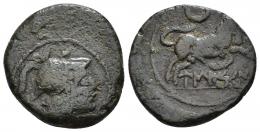 81 - HISPANIA ANTIGUA. UNTIKESKEN. Semis. A/ Cabeza de Palas a der. R/ Toro corriendo a der., encima creciente, debajo sobre línea UNTiKeSKeN. AE 9,23 g. 24 mm. ACIP-1054. CC-1498, mismo ejemplar. Descentrada. BC+.