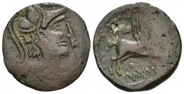 83 - HISPANIA ANTIGUA. UNTIKESKEN. As. A/ Cabeza de Palas a der. R/ Pegaso a der., detrás láurea, debajo sobre línea UNTiKeSKeN. AE 10,06 g. 27 mm. ACIP-1059. CC-1511, mismo ejemplar. Amplios vanos. MBC.