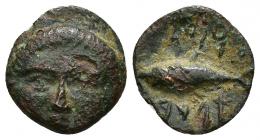 85 - HISPANIA ANTIGUA. GADIR. Cuarto. A/ Cabeza frontal. R/ Atún a izq.; MP´L/`GDR. 1,71 g. 14,9 mm. I-1331. ACIP-659. Erosiones. MBC-. Rara.