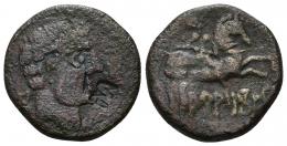 9 - HISPANIA ANTIGUA. ARATIKOS. A/ Cabeza masculina a der., delante creciente, detrás signo ibérico A. Contramarca signo ibérico M delante de la barbilla. R/ Jinete con espada a der., debajo sobre línea ARATiKoS. AE 8,36 g. 22,8 mm. CNH-1. ACIP-1805. CC-2155, mismo ejemplar. BC+. Rara.