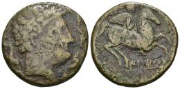 93 - HISPANIA ANTIGUA. ILTIRTA. As. A/ Cabeza masculina a der., alrededor tres delfines. R/ Jinete con palma a der.; debajo sobre línea ILTiRTa. AAE 25,18 g. 34,1 mm. I-1461. ACIP-1236. Leve erosión en rev. BC. Rara. Ex HSA 23319.