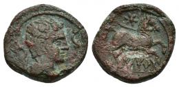95   -  HISPANIA ANTIGUA. ILTIRTA. Cuadrante. A/ Cabeza masculina a der., alrededor 3 delfines. R/ Caballo con rienda suelta galopando a der., encima estrella, debajo sobre línea ILTiRTa. AE 3,08 g. 16,2 mm. ACIP-1263. CC-1611, mismo ejemplar. Pequeñas concreciones. MBC.