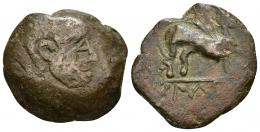 98 - HISPANIA ANTIGUA. FLORENTIA-ILIBERRI. As. A/ Cabeza masculina a der. R/ Esfinge a der., exergo ILTuRIR. AE 16,71 g. 27,7 mm. I-1497. ACIP-2297. BC+/MBC-.