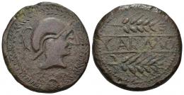 10 - HISPANIA ANTIGUA. CARMO. As. A/ Cabeza con casco a der., alrededor láurea. R/ Dos espigas a der., en medio entre líneas, CARMO. AE 28,53 g. 34,4 mm. I-454. ACIP-2382. CC-3417, mismo ejemplar. Finas rayitas. Pátina marrón. MBC.