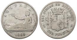 3289 - GOBIERNO PROVISIONAL. 1 peseta. 1869 *18-69. Madrid. SNM. Ley. ESPAÑA. AR 4,78 g. 22,95 mm. VII-13. BC+. Escasa.